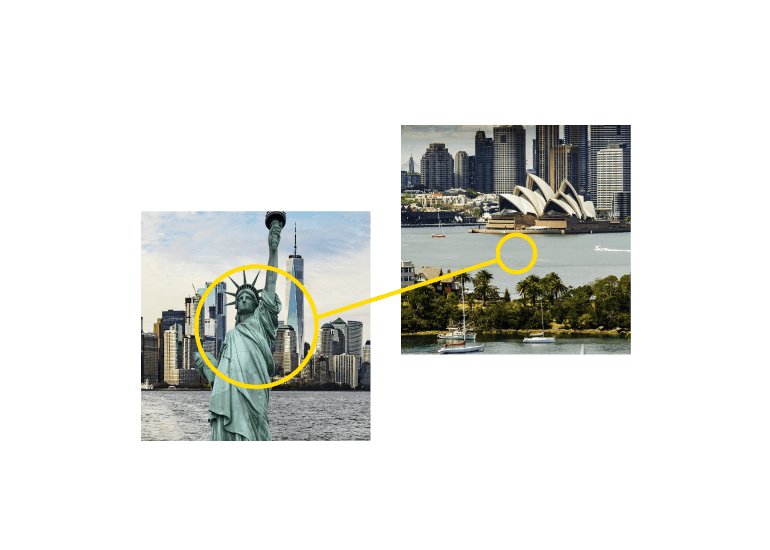 A yellow line connecting the Statue of Liberty in New York and the Sydney Opera House in Australia.