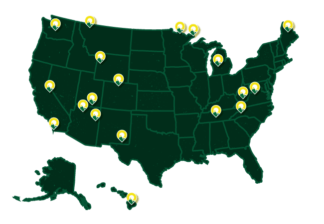 A map of the United States with 19 pins in locations where Nature Valley donations have helped park restorations.