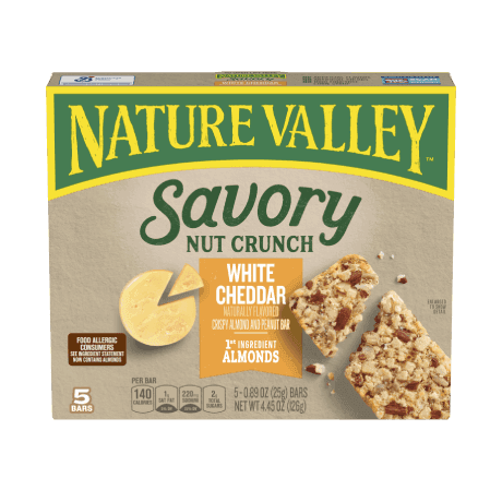 Nature Valley Savory Nut Crunch, White Cheddar, front of 5 bar box.
