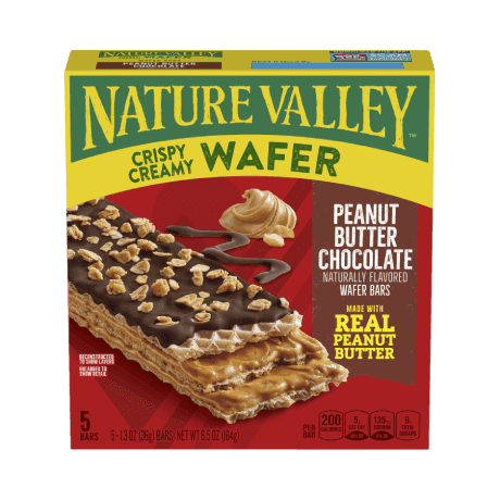 Nature Valley Peanut Butter Chocolate Wafer Bars, front of 5 bar box.