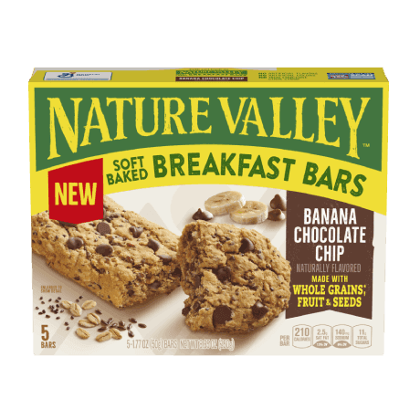 Nature Valley Banana Chocolate Chip Soft Baked Breakfast Bar, front of 5 bar box.