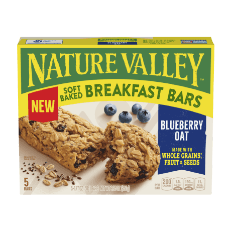 Nature Valley Banana Chocolate Chip Soft Baked Blueberry, front of 5 bar box.