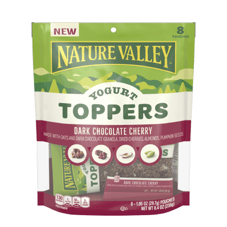Nature Valley Yogurt Toppers, Dark Chocolate Cherry, 8 pouches, front of pack.