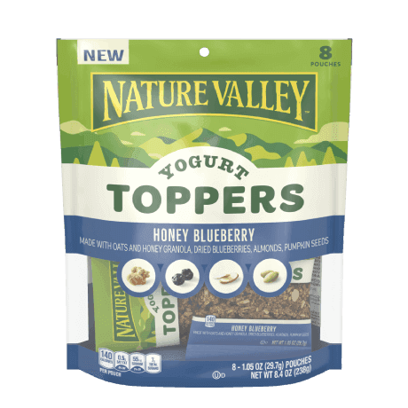 Nature Valley Yogurt Toppers, Honey Blueberry, 8 pouches, front of pack.