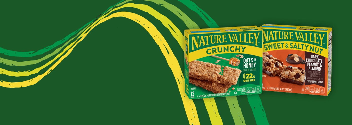 Illustrated graphic showing two boxes of Nature Valley Crunchy and Sweet & Salty Nut Boxes. Flavors are: Oats & Honey and Dark Chocolate, Peanut & Almond, front of 5 or 12 bar boxes.
