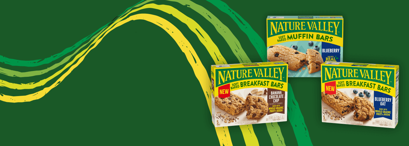 Illustrated graphic showing three boxes of Nature Valley Muffin and Breakfast Bars Boxes. Flavors are: Blueberry, Banana Chocolate Chip and Blueberry Oat, front of 5 bar boxes.