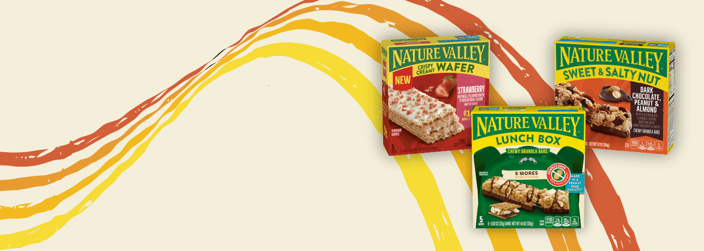 Illustrated graphic showing three boxes of Nature Valley Wafer, Sweet & Salty and Lunch Boxes. Flavors are: Strawberry, S'Mores and Dark Chocolate Peanut Almond, front of 5 bar boxes.