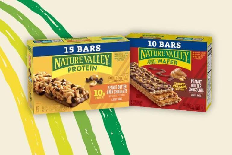 Illustrated graphic showing two boxes of Nature Valley Protein Bars and Wafter Bars. Flavors are: Peanut Butter Dark Chocolate and Peanut Butter Chocolate, front of 10 or 15 bar boxes.