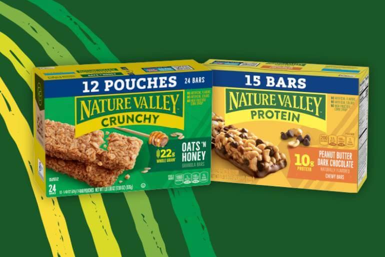 Illustrated green graphic showing two boxes of Nature Valley Protein Bars and Crunchy Bars. Flavors are: Oats & Honey and Peanut Butter Dark Chocolate, front of 10 or 15 bar boxes.