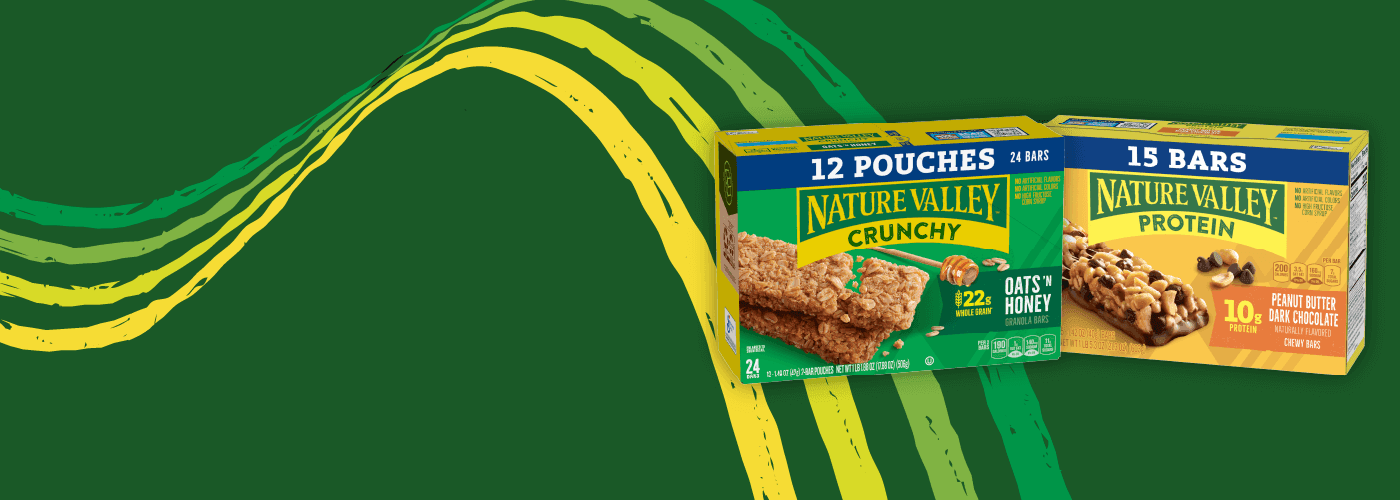 Illustrated green graphic showing two boxes of Nature Valley Protein Bars and Crunchy Bars. Flavors are: Oats & Honey and Peanut Butter Dark Chocolate, front of 10 or 15 bar boxes.