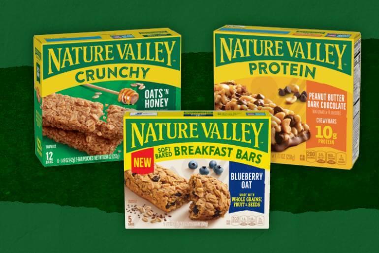 Illustrated graphic showing three boxes of Nature Valley Crunchy, Protein and Breakfast Bars Boxes. Flavors are: Oats & Honey, Peanut Butter Dark Chocolate and Blueberry Oat, front of 5, 10 or 12 bar boxes.