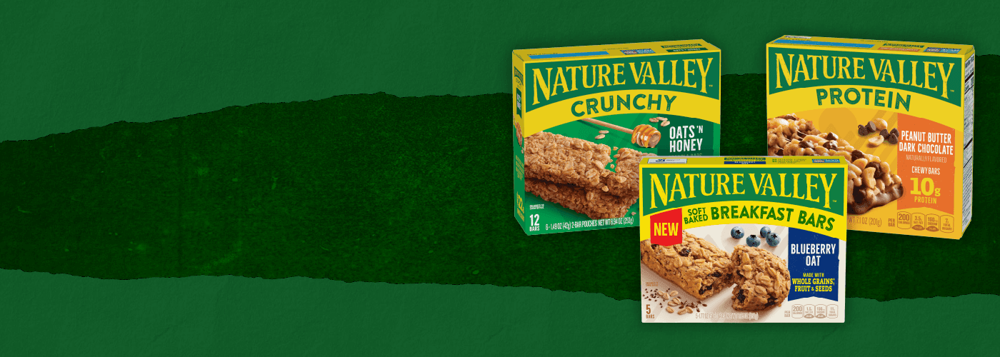 Illustrated graphic showing three boxes of Nature Valley Crunchy, Protein and Breakfast Bars Boxes. Flavors are: Oats & Honey, Peanut Butter Dark Chocolate and Blueberry Oat, front of 5, 10 or 12 bar boxes.