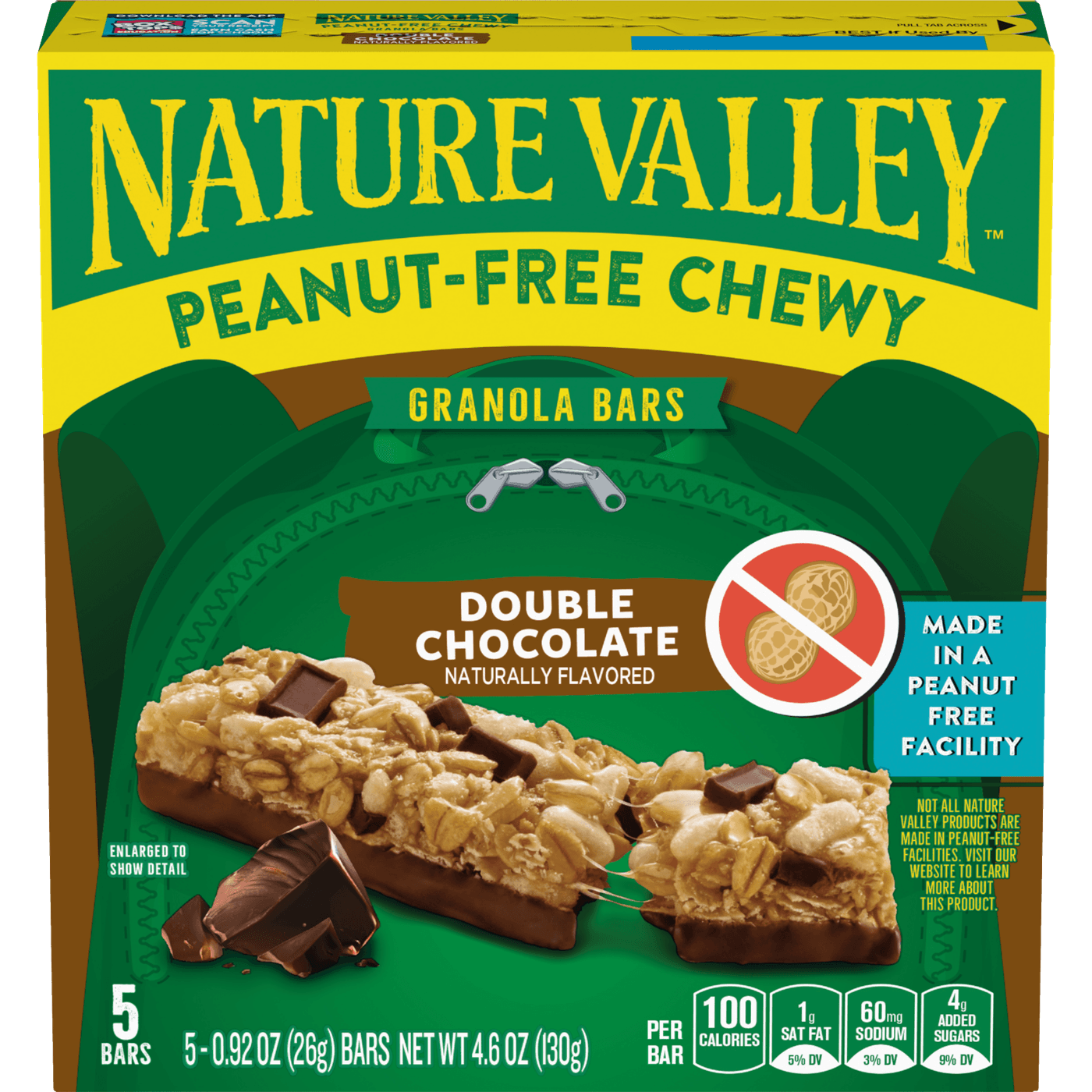 Nature Valley Peanut-Free Chewy Granola Bars, Double Chocolate, Made in a Peanut Free Facility, 5 Bars, 4.6 oz, front of package